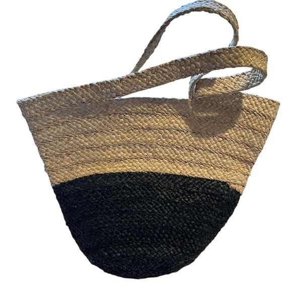 Ann Taylor Woven Tote Bag Tan and Black 17" x 13" Tall - Beach Summer - Picture 7 of 7
